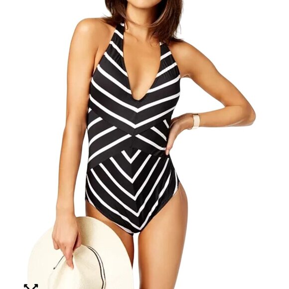 Lauren Ralph Lauren Deauville Striped Halter Tummy Control Swim Suit Size 14 - Picture 1 of 7